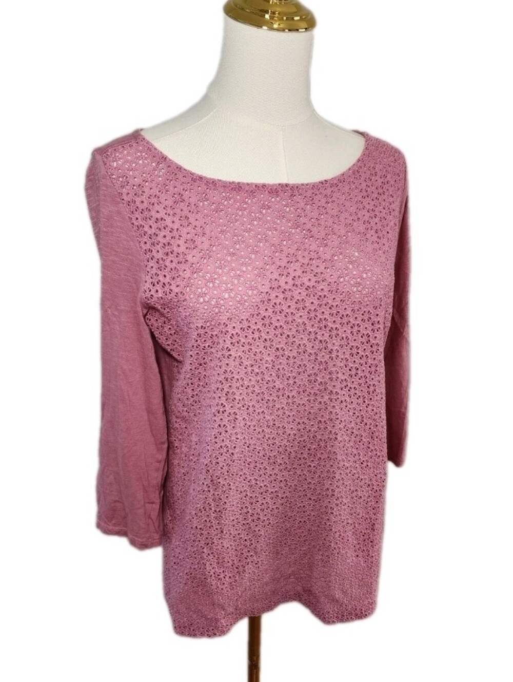 Lace-Front Top Intricate Eyelet Rose Pink 3/4 Sleeves 100% Cotton Size M